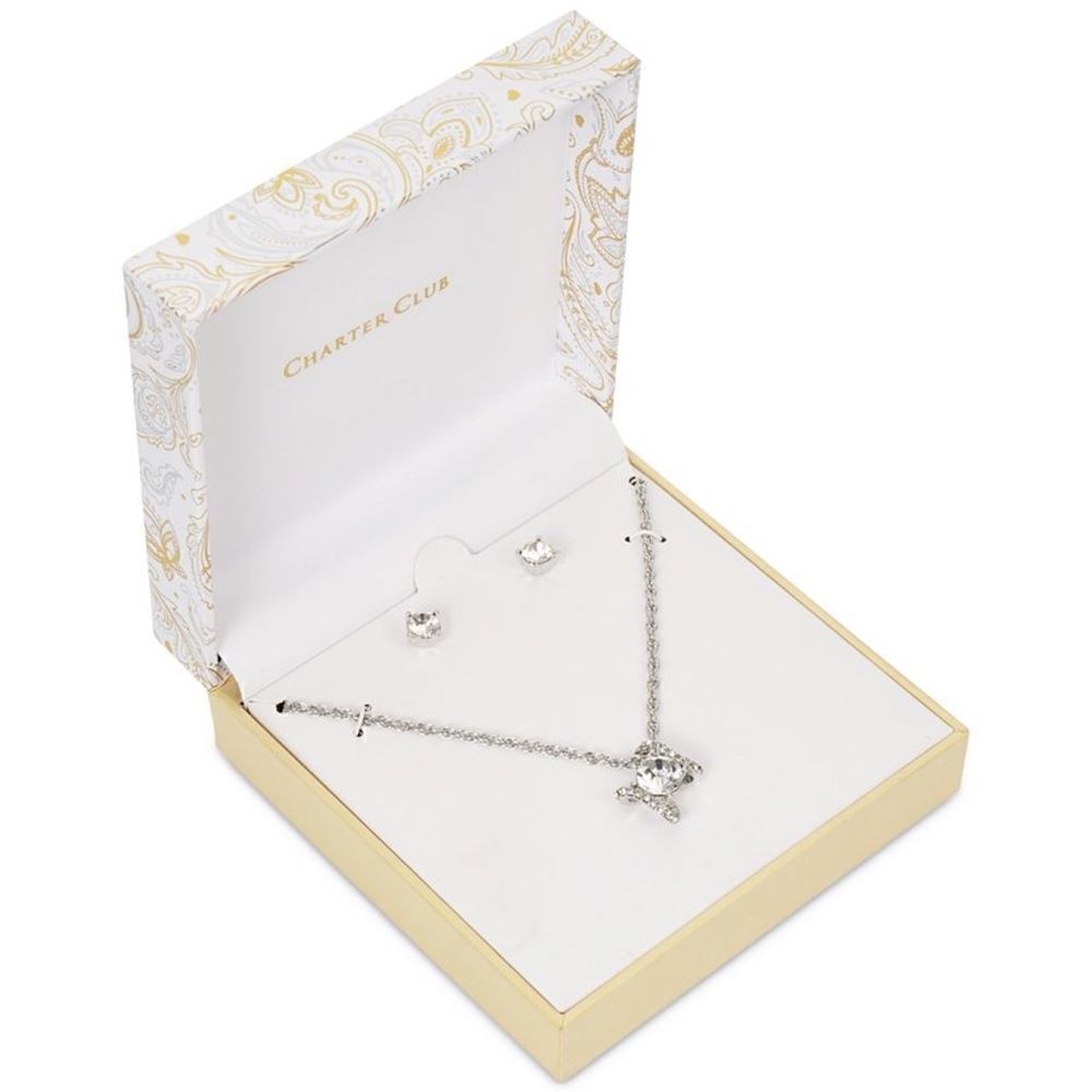 Charter Club Silver-Tone Crystal Pendant Necklace & Stud Earrings Set New